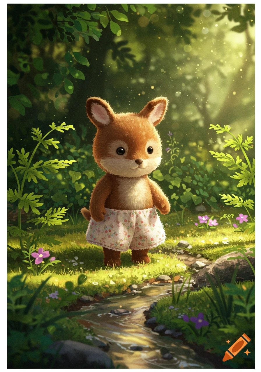 A cute, furry, deer-like character in floral shorts stands by a small stream in a magical, sunlit forest.