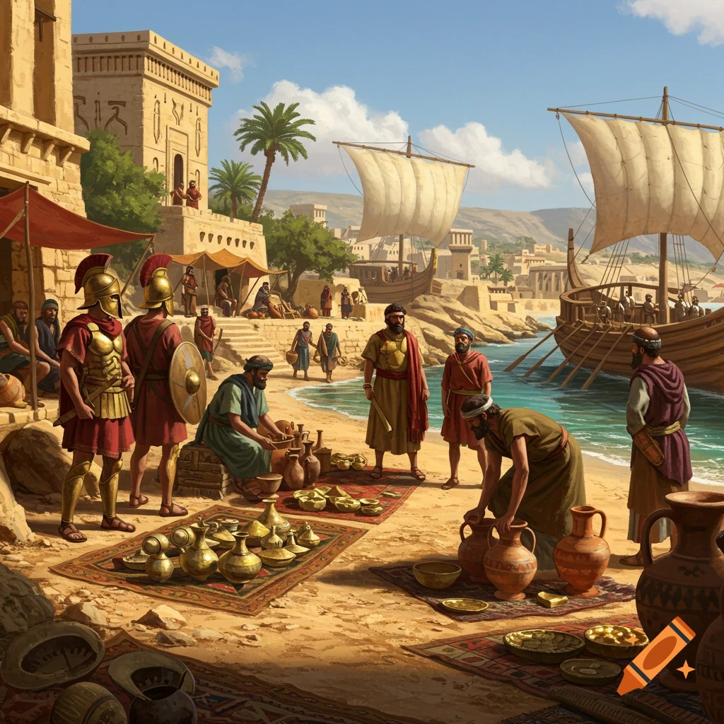 A vibrant ancient coastal marketplace with people trading goods, ships docked, and ancient buildings under a blue sky.