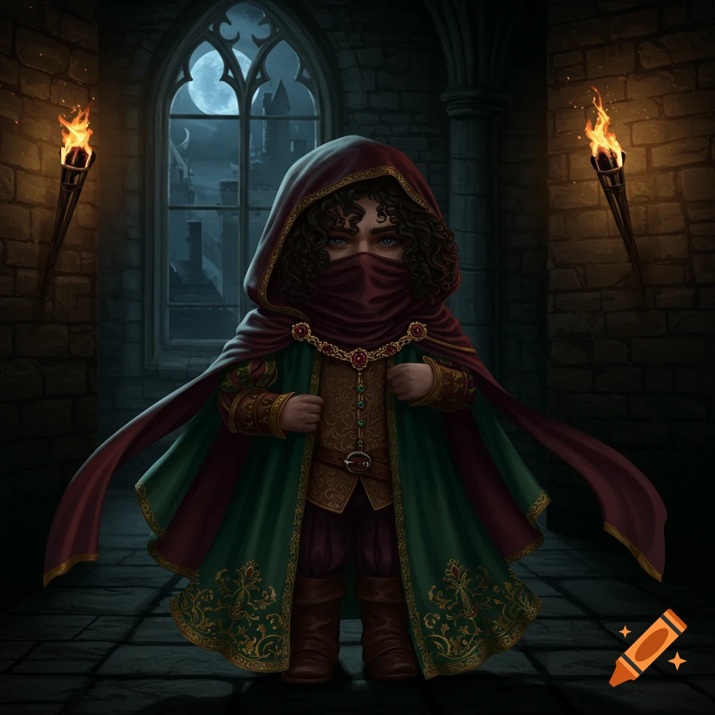 Fantasy art of a small, hooded figure in medieval clothing with a veiled face, standing in a gothic room illuminated by moonlight and torches.