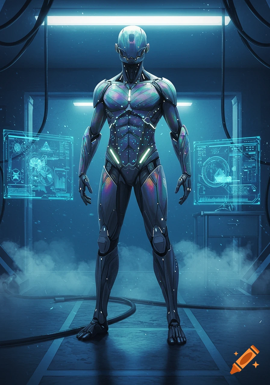 A sleek, iridescent sci-fi energy suit stands in a dark, blue-lit futuristic lab with holographic screens.