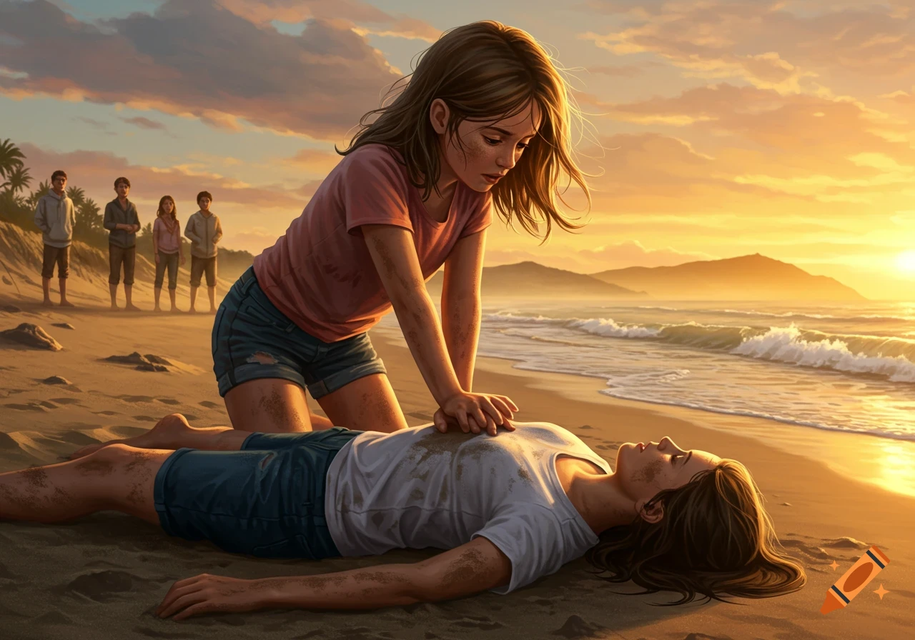 A girl performs CPR on a person lying on a sandy beach during sunset, with bystanders in the background. Digital illustration.