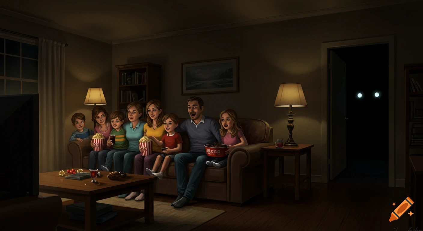An illustrated family of seven watches a movie on a couch in a dimly lit living room, while glowing eyes stare from a dark hallway.