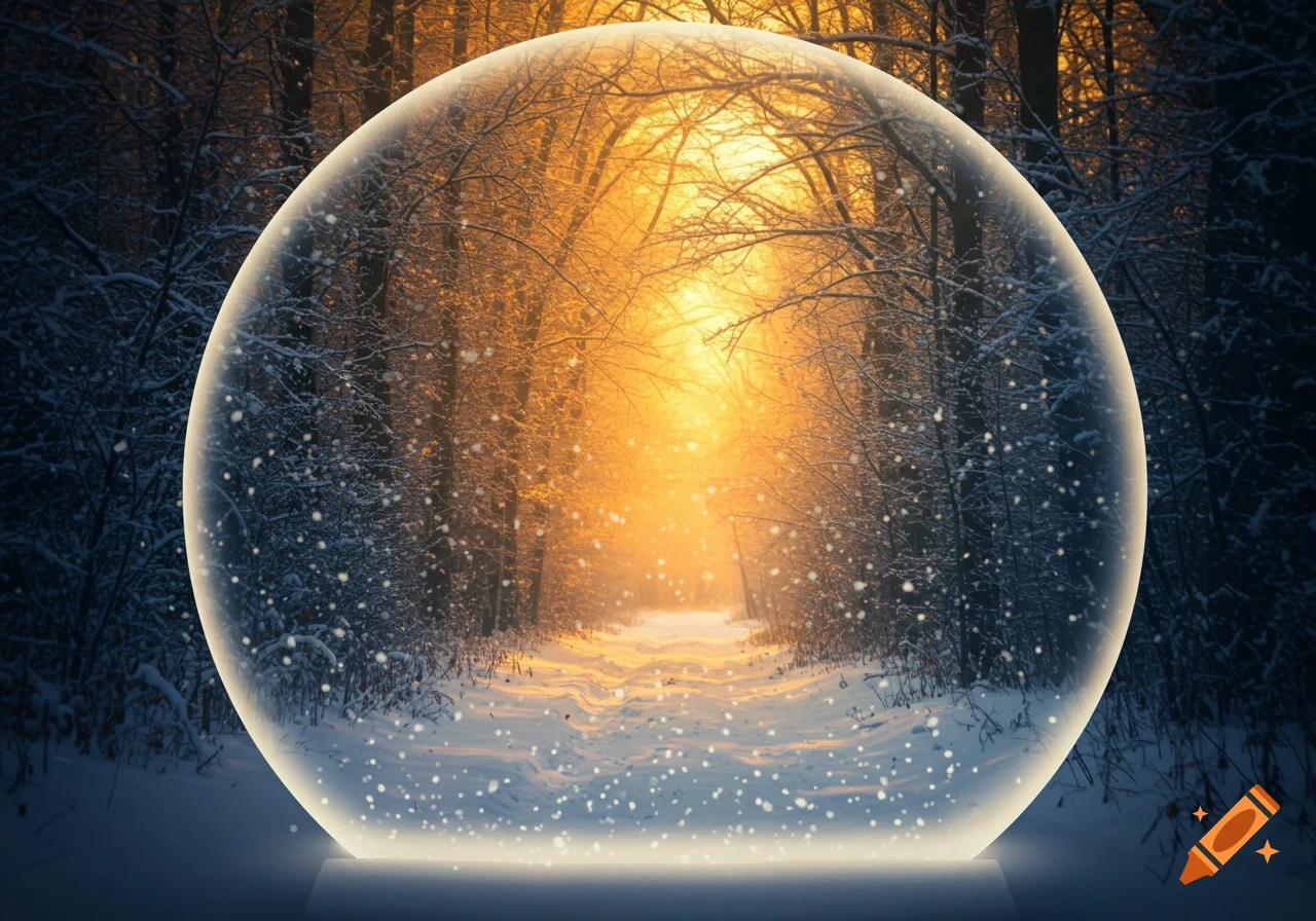 Photorealistic snow globe with a winter forest path during sunrise, swirling snow and bright golden light through the trees.