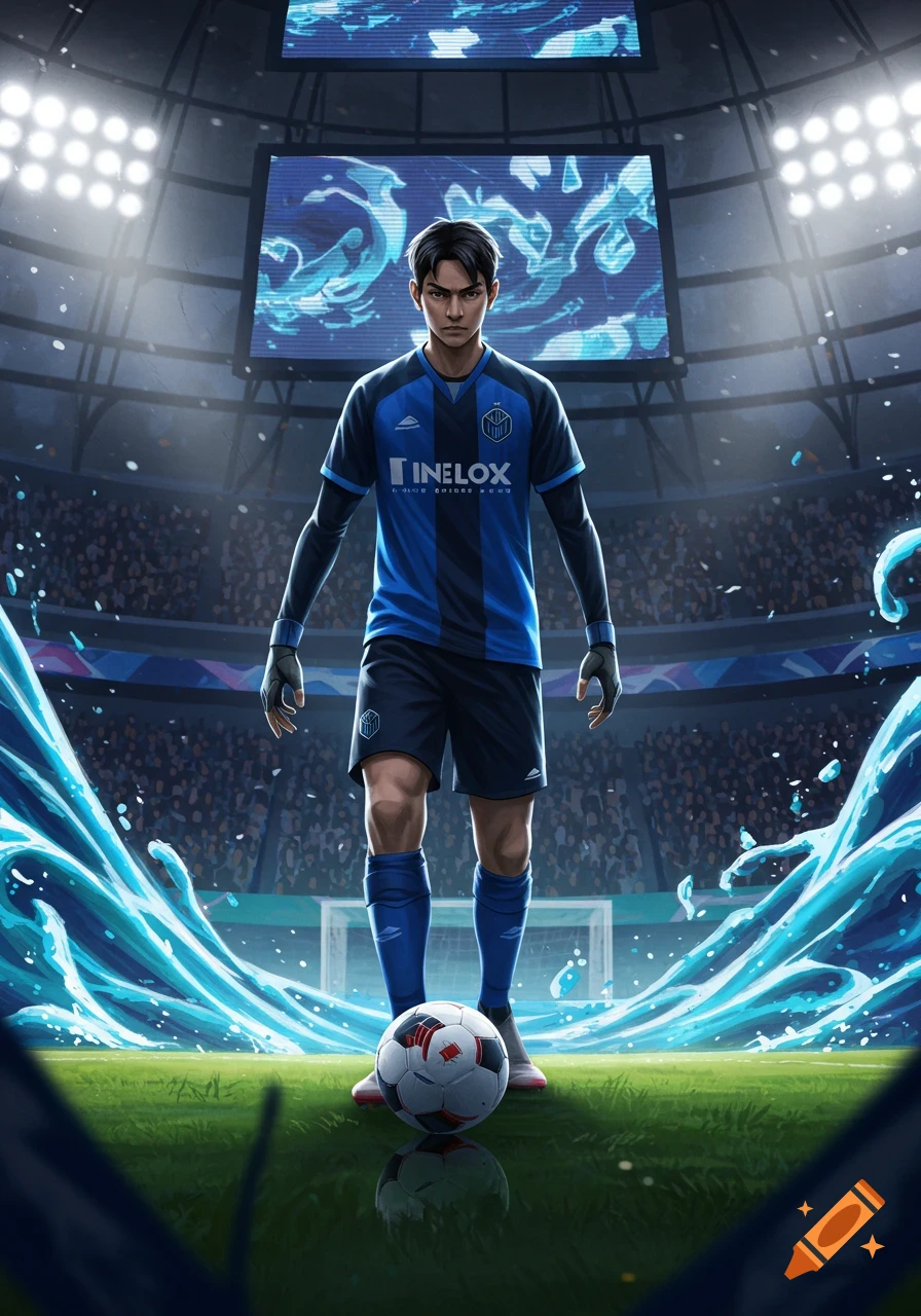 Anime-style male soccer player in blue jersey stands on a stadium field with a ball, surrounded by stylized blue water.