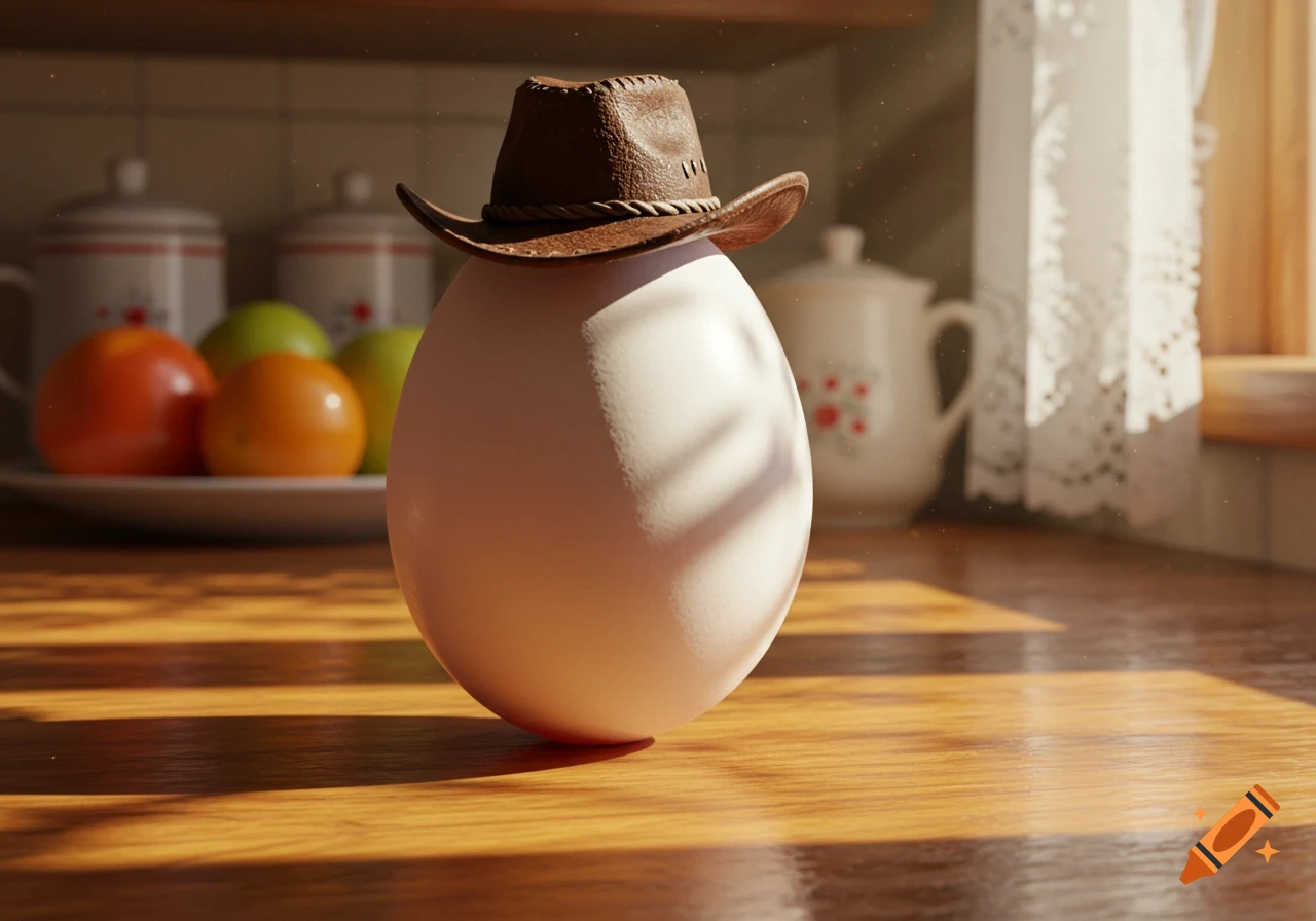 A white egg wearing a brown cowboy hat sits on a wooden kitchen counter, with fruit and jars in the blurred background. Photorealistic style.