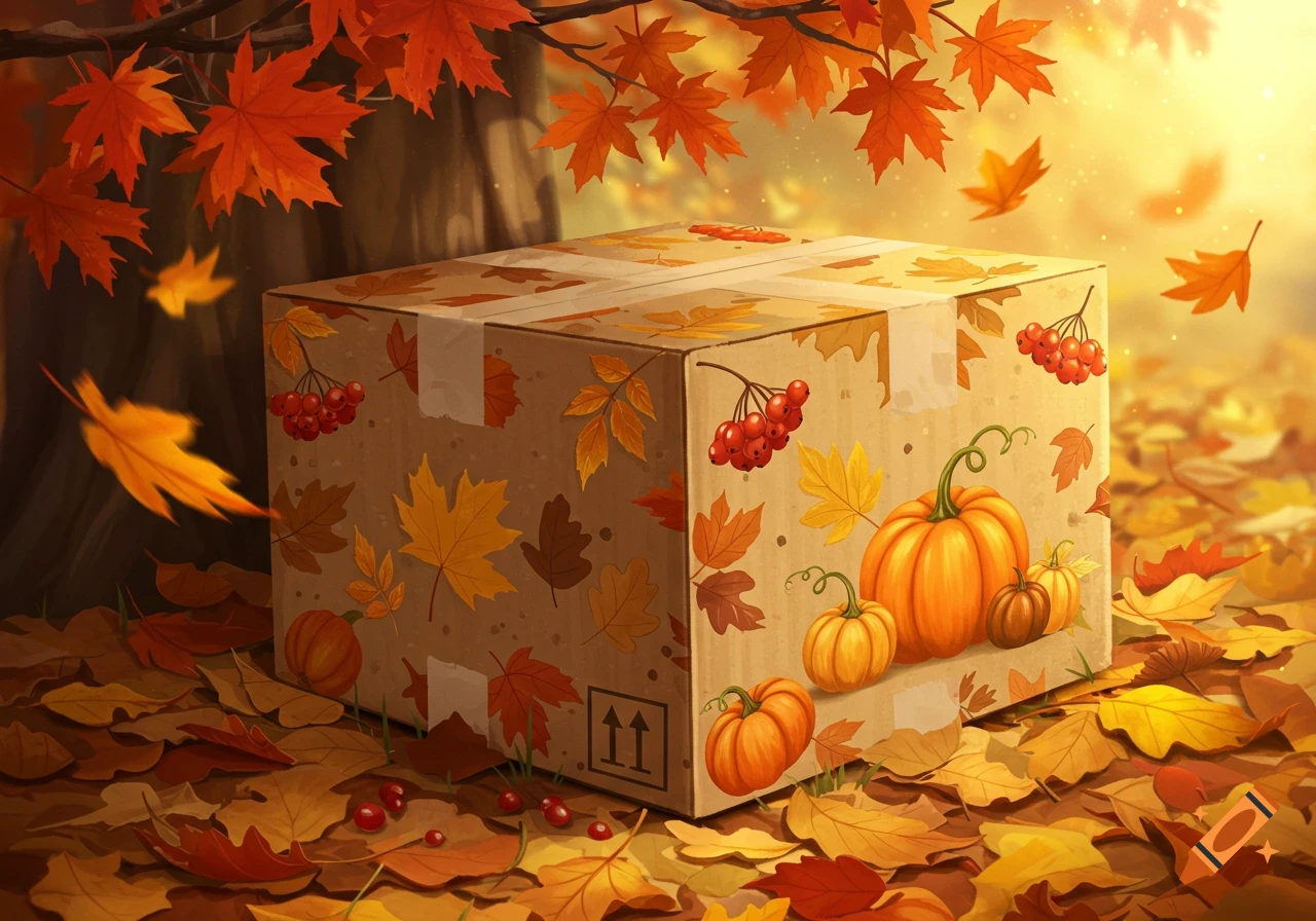 An autumn-themed cardboard box decorated with pumpkins, leaves, and berries, sits amidst fallen leaves in a sunlit forest.