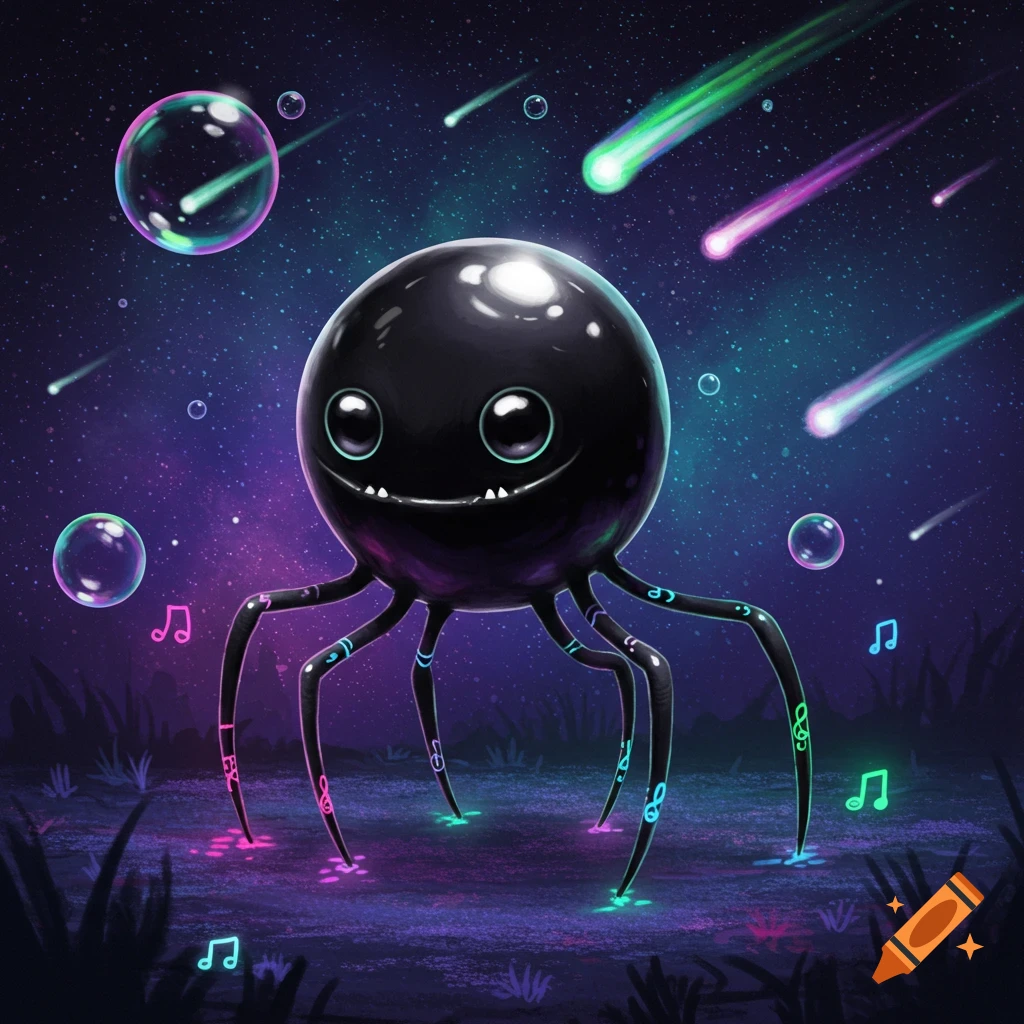 A cute, shiny black ball creature with five legs adorned with neon musical notes stands in a grassy field under a starry, meteor-filled night sky with bubbles.