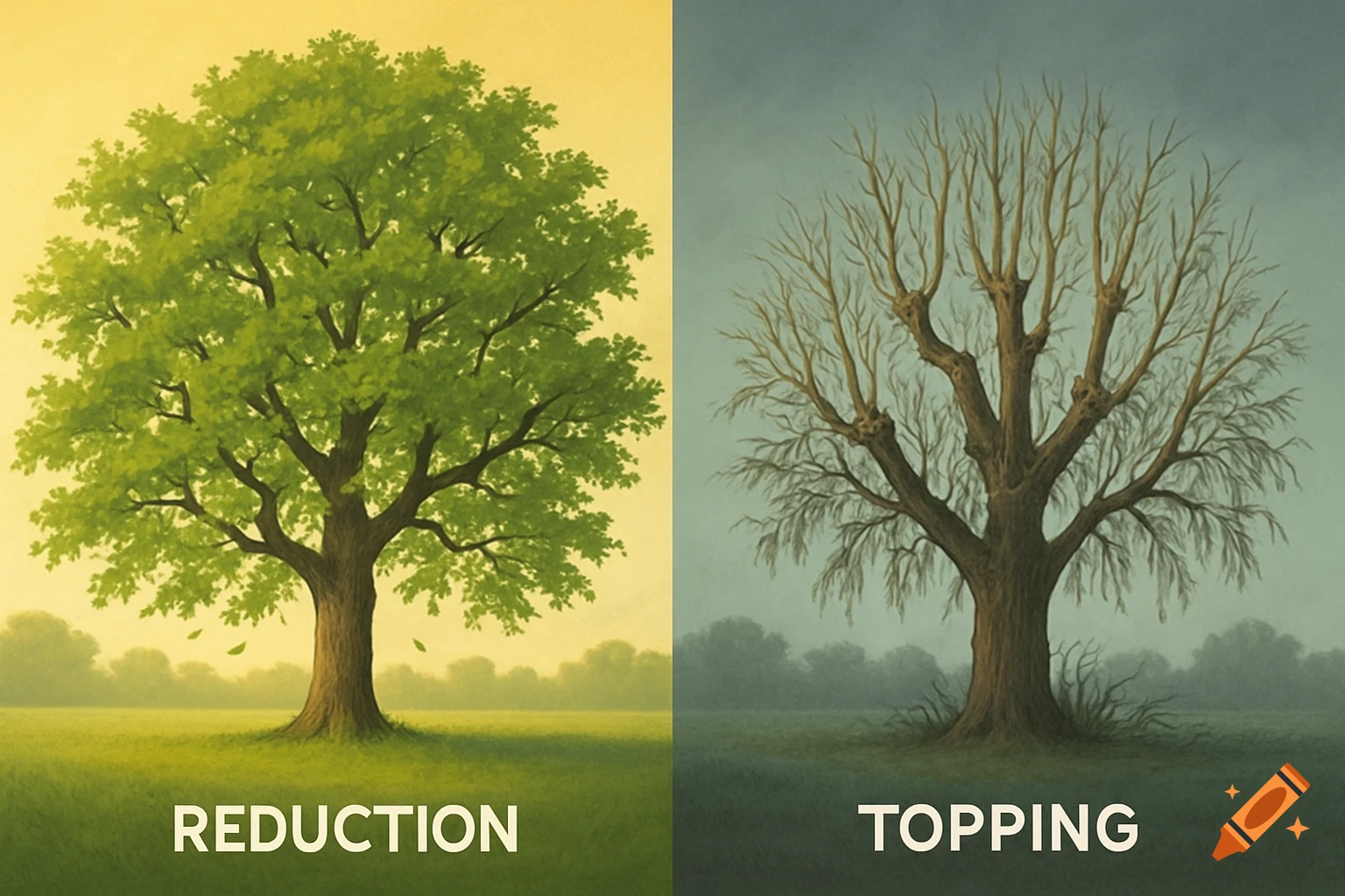 Split image showing two trees and pruning methods. Left: a full, green tree labeled 'REDUCTION'. Right: a bare, heavily pruned tree labeled 'TOPPING'.