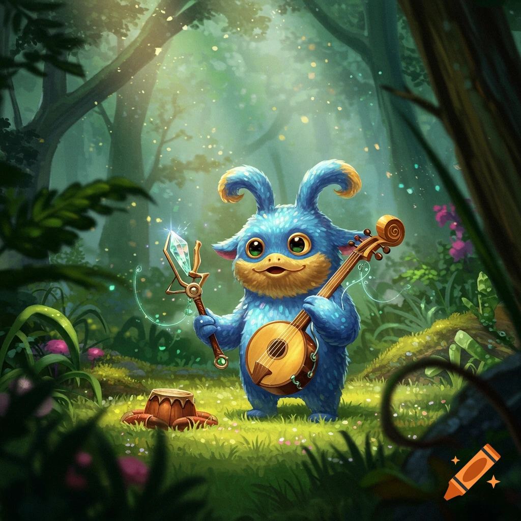 A cute, fluffy blue creature with big green eyes and yellow snout plays a banjo-like instrument and holds a glowing staff in a magical forest.