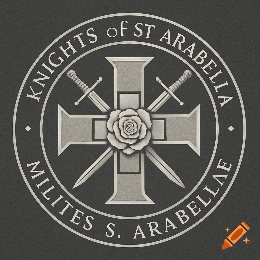 Circular grey logo featuring a cross, a central rose, crossed swords, and text 'KNIGHTS of ST ARABELLA' and 'MILITES S. ARABELLAE'.