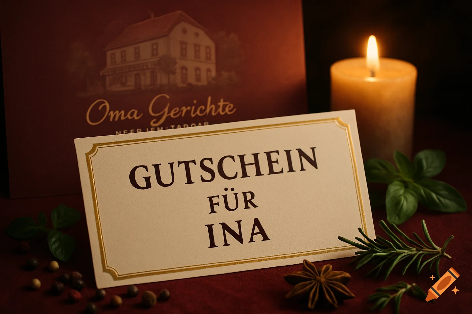Gift voucher for Ina next to an 'Oma Gerichte' cookbook, a lit candle, and spices on a red surface, photorealistic.