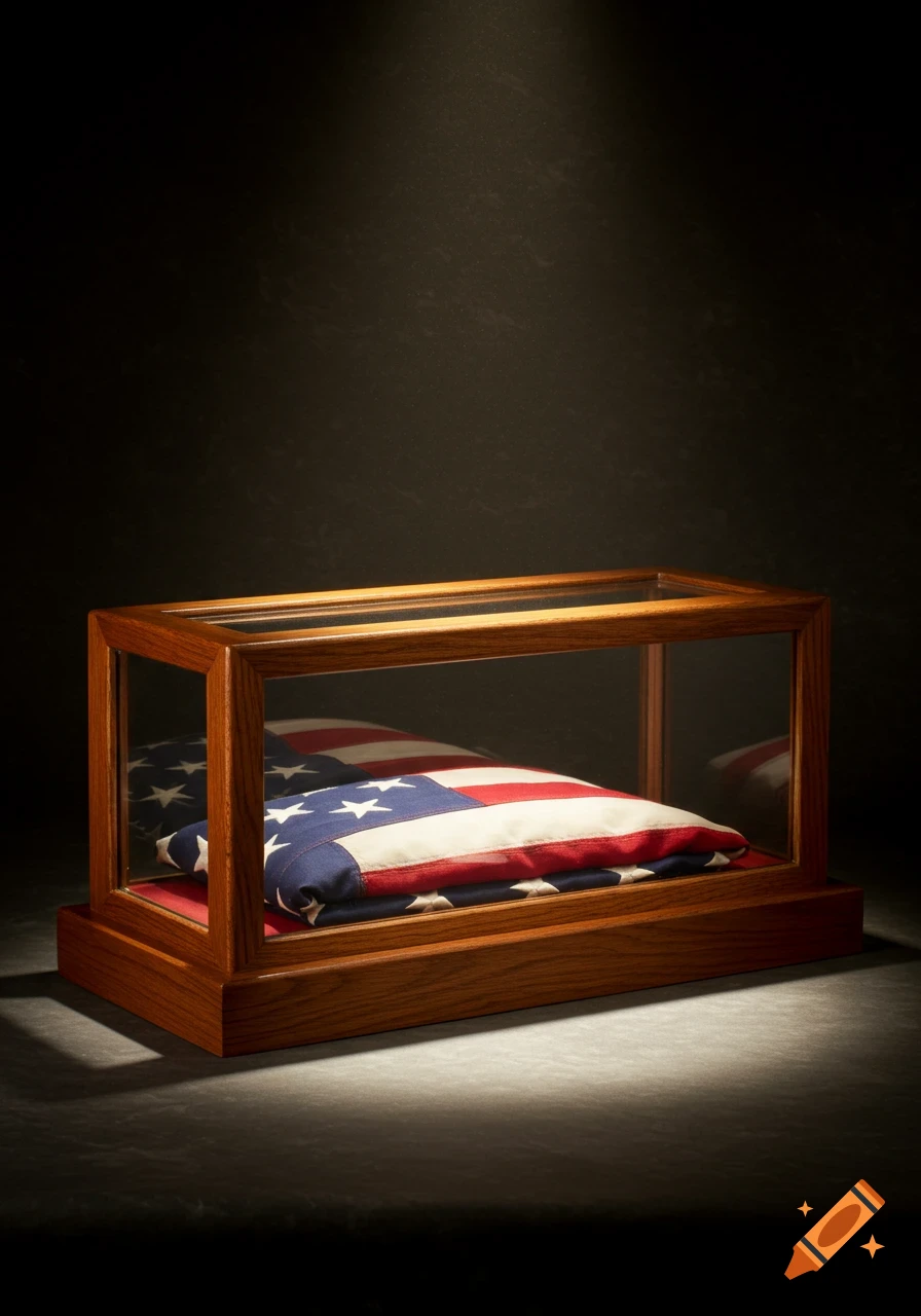 A folded American flag is displayed inside a wooden and glass case, dramatically lit against a dark background.