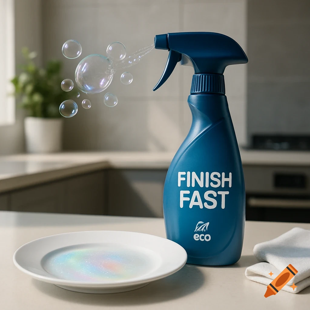 A blue spray bottle labeled 'FINISH FAST' sprays bubbles over a plate with suds, in a modern kitchen setting.