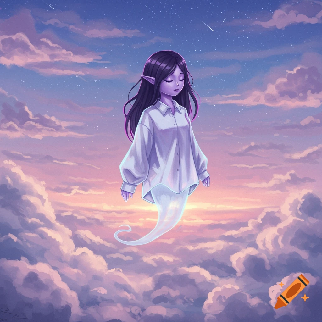 Anime phantom girl with light purple skin, dark purple hair, and a white oversized shirt, floating amidst pastel clouds in a starry sunset sky.