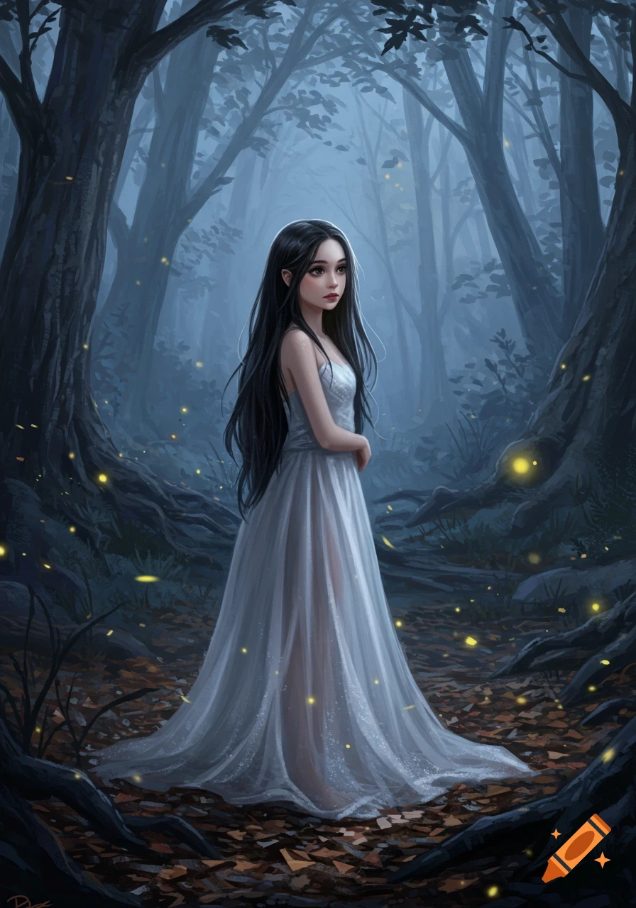 A beautiful young woman with long dark hair in a flowing white dress stands in a mystical, dark forest with glowing fireflies.