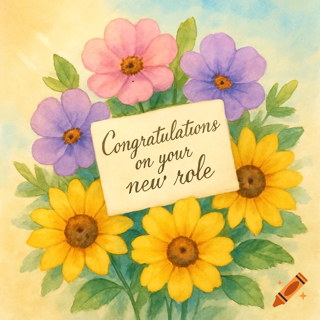 Watercolor painting of a bouquet of pink, purple, and yellow flowers with a note saying "Congratulations on your new role".