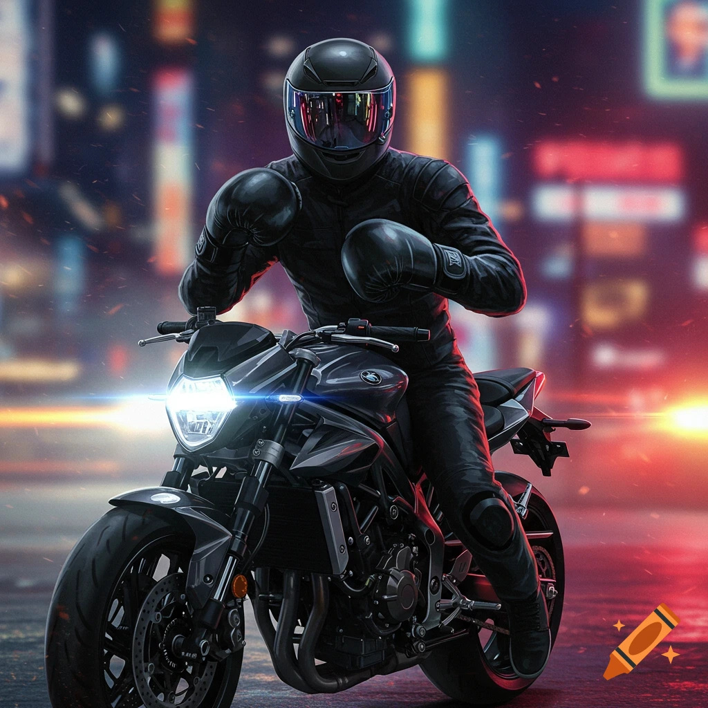 A helmeted person in black leather with boxing gloves rides a motorcycle at night in a neon city street, digital art.