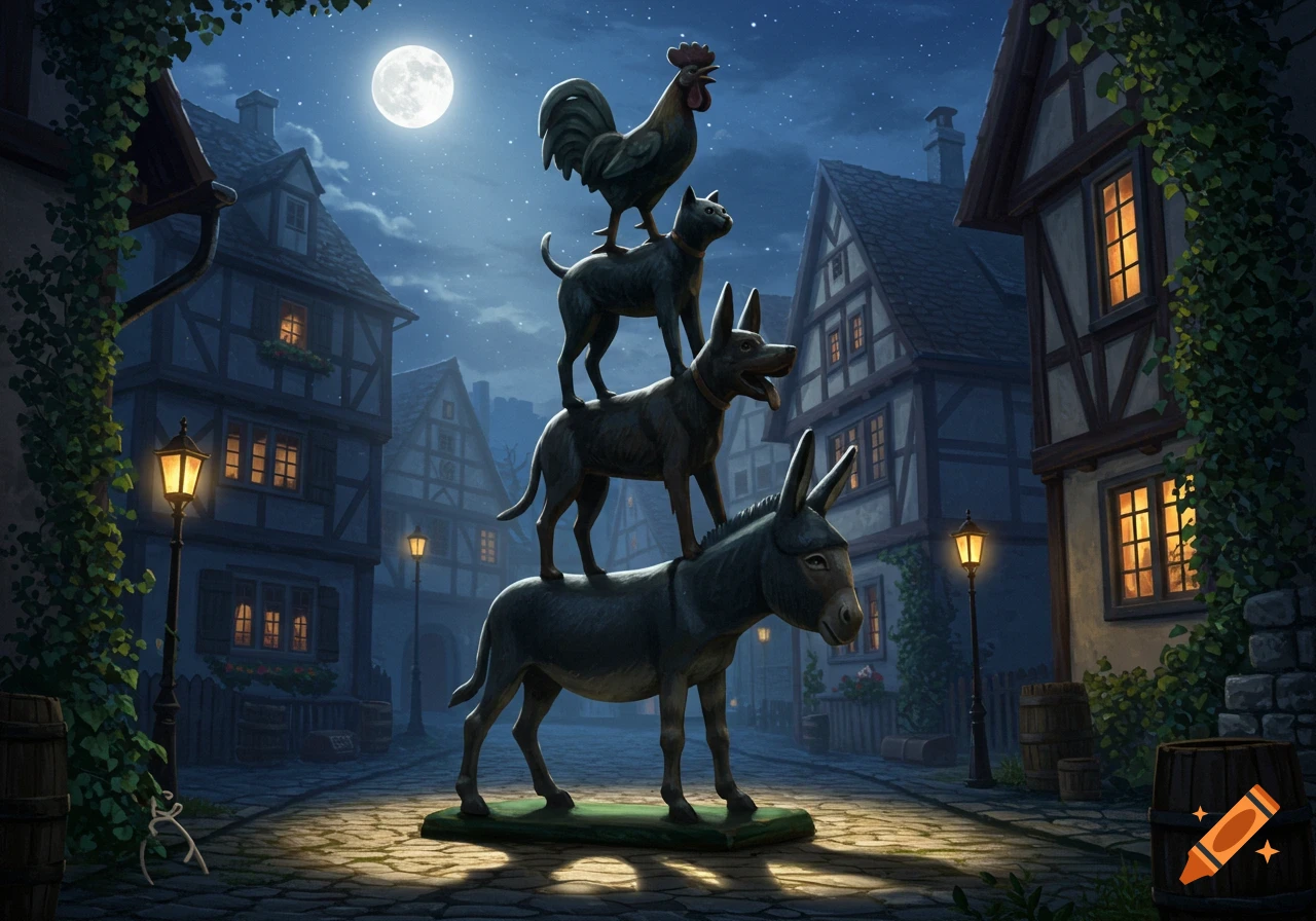 A statue of a donkey, dog, cat, and rooster stacked on a cobblestone street in a medieval town at night under a full moon.
