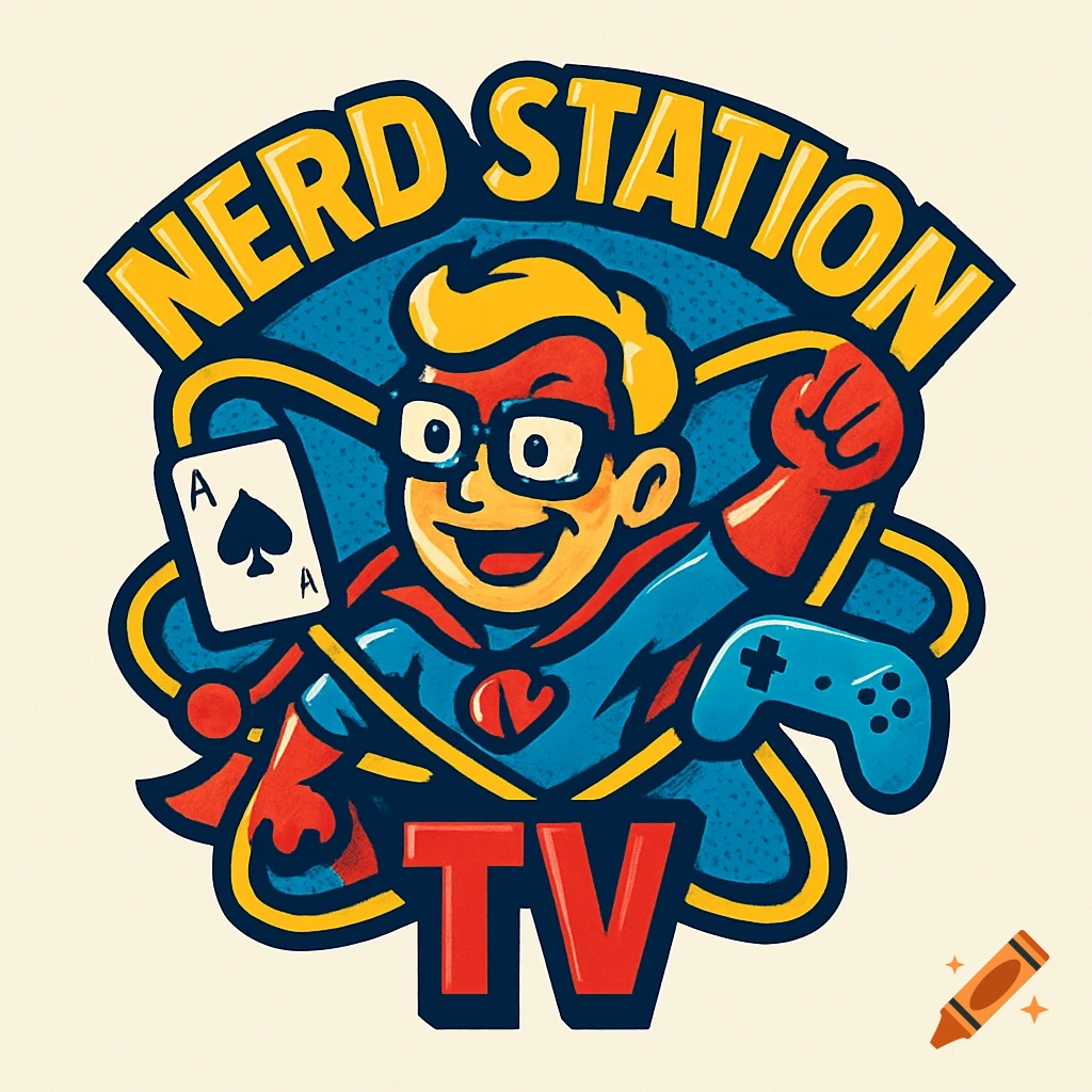 Cartoon logo featuring a smiling superhero-like character with glasses, holding an Ace of Spades card and a game controller, with 'NERD STATION' and 'TV' text.