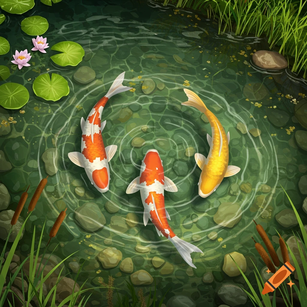 Overhead view of three koi fish (two orange and white, one yellow) swimming in a clear green pond with lily pads and cattails.
