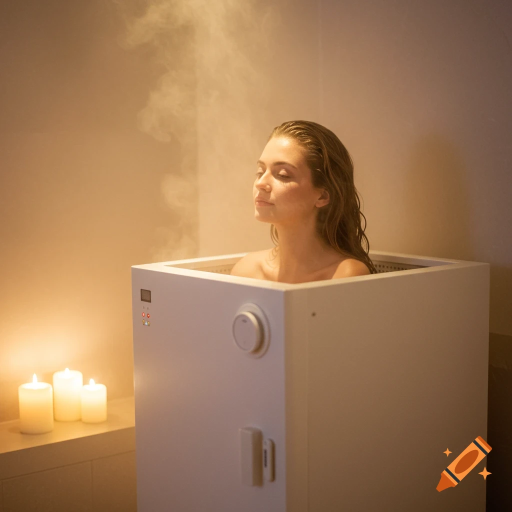 A young woman with closed eyes and wet hair relaxes in a white steam cabinet with steam rising around her, candles flicker nearby.