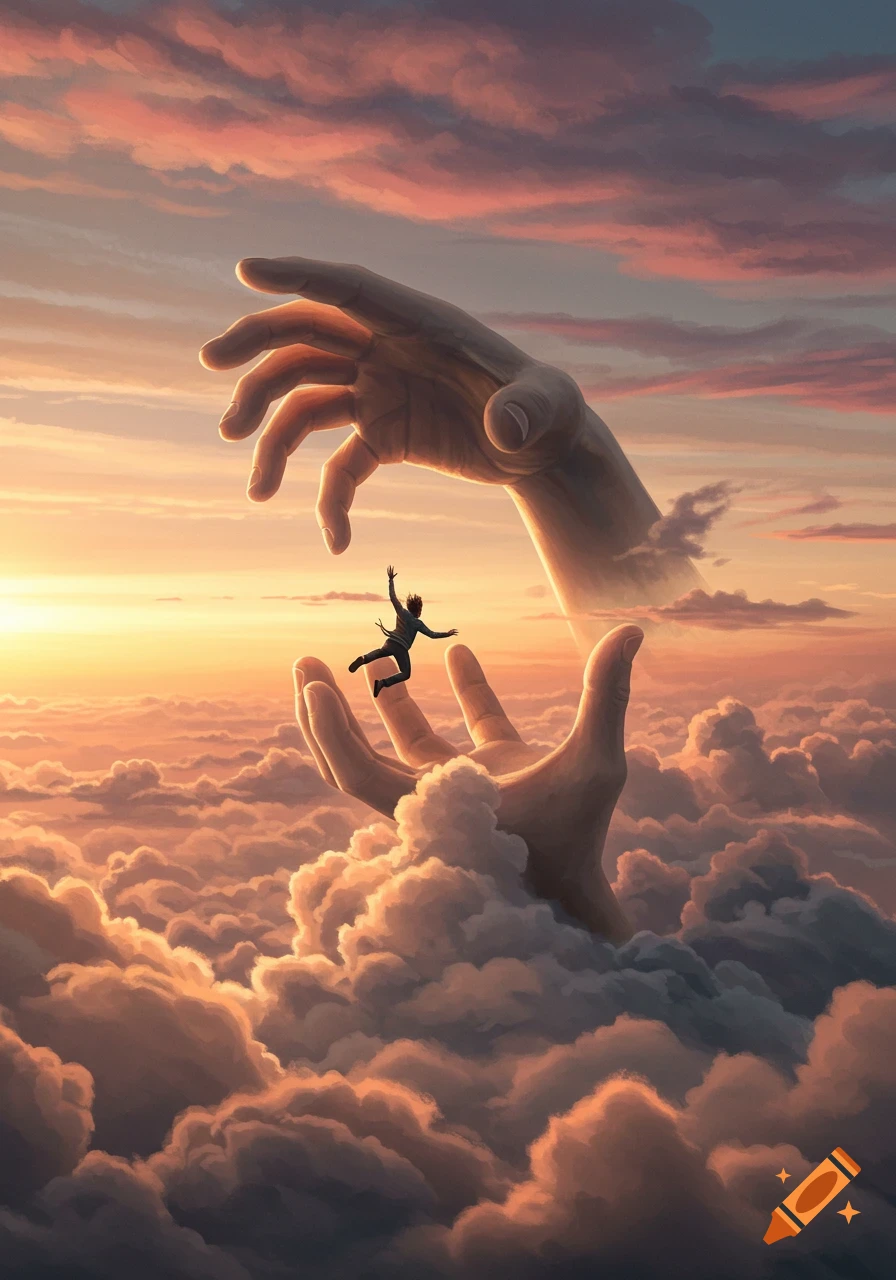 Giant hands emerge from sunlit clouds to catch a small falling person. Digital art.