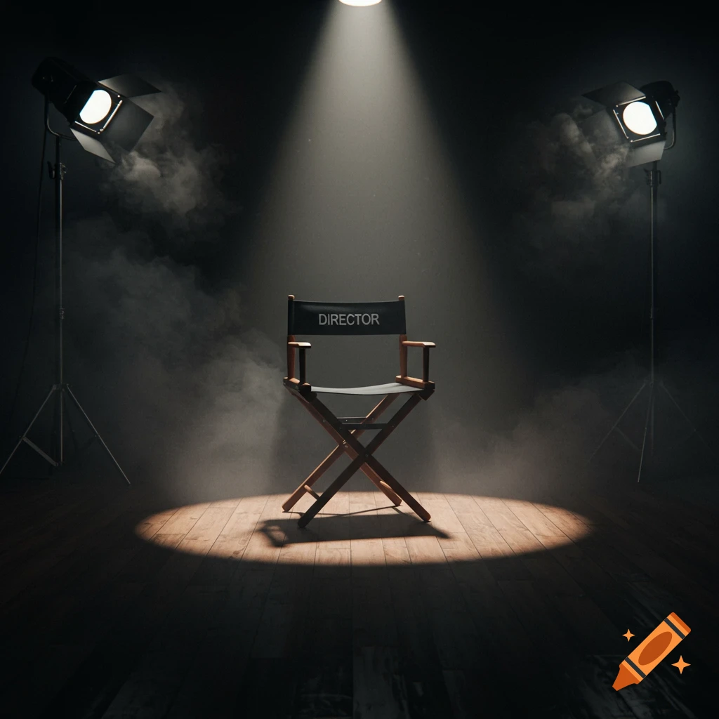 A director's chair under a spotlight on a dark, smoky film set with two studio lights, creating a cinematic, moody atmosphere.