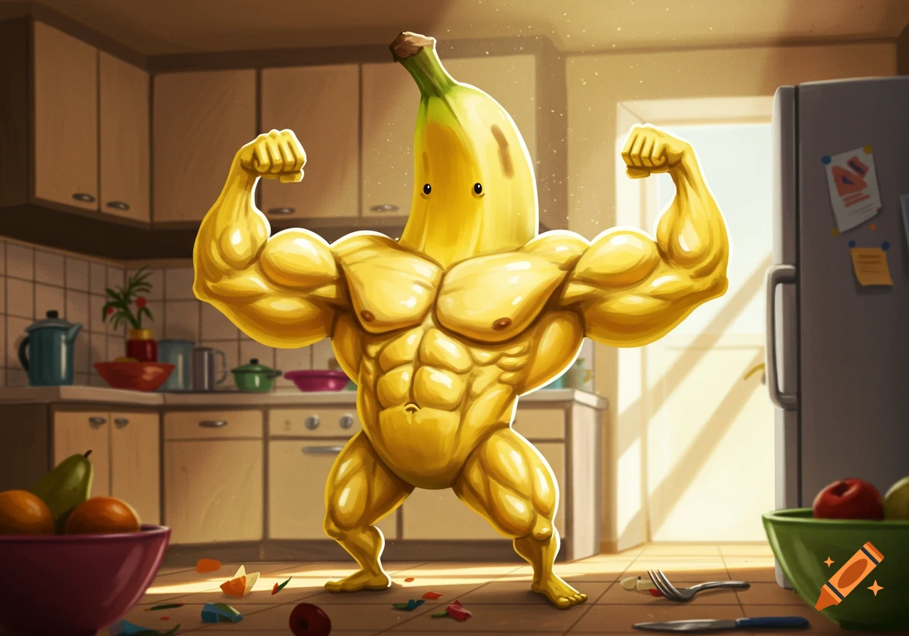 A muscular, cartoonish banana flexing its biceps in a brightly lit kitchen.