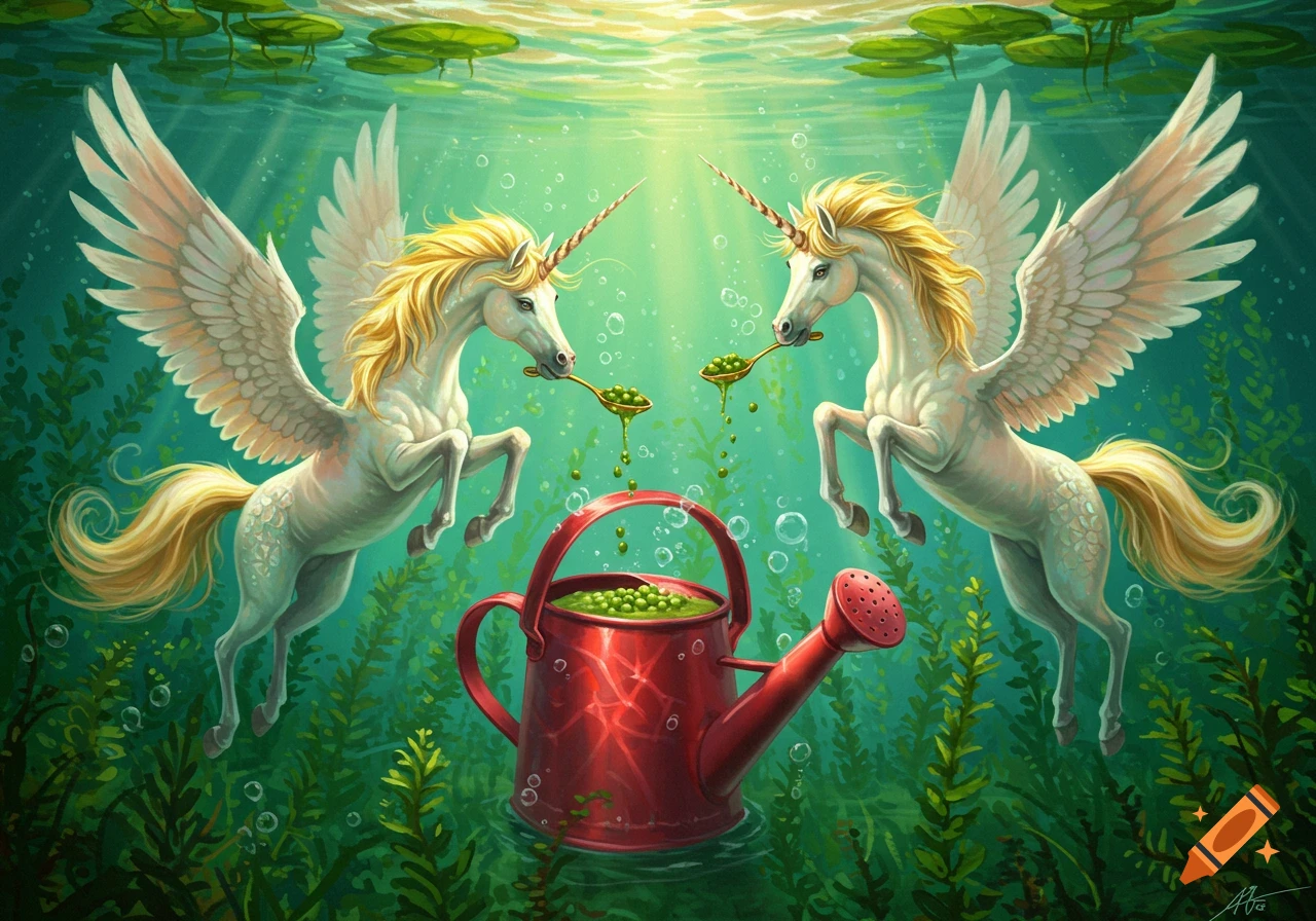 Two whimsical winged unicorns underwater, feeding green peas from golden spoons into a red watering can, surrounded by aquatic plants and lily pads.