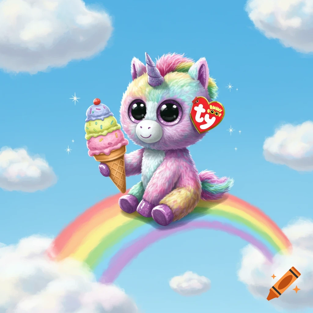 A cute, fluffy, rainbow-colored unicorn plush toy with big eyes holds a three-scoop ice cream while sitting on a vibrant rainbow in a cloudy blue sky.