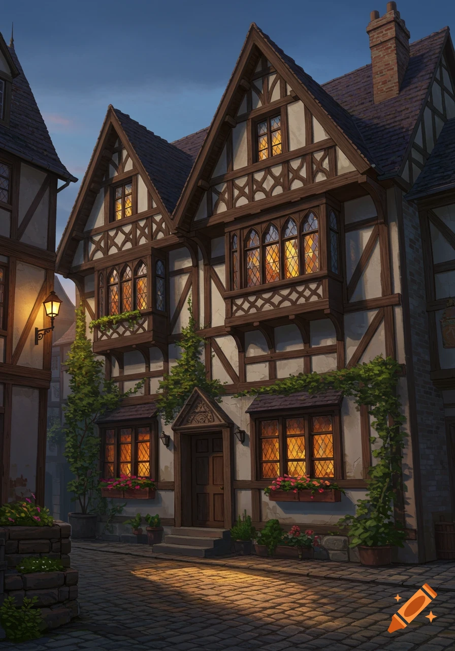 A charming half-timbered medieval building with illuminated windows at dusk on a cobblestone street.