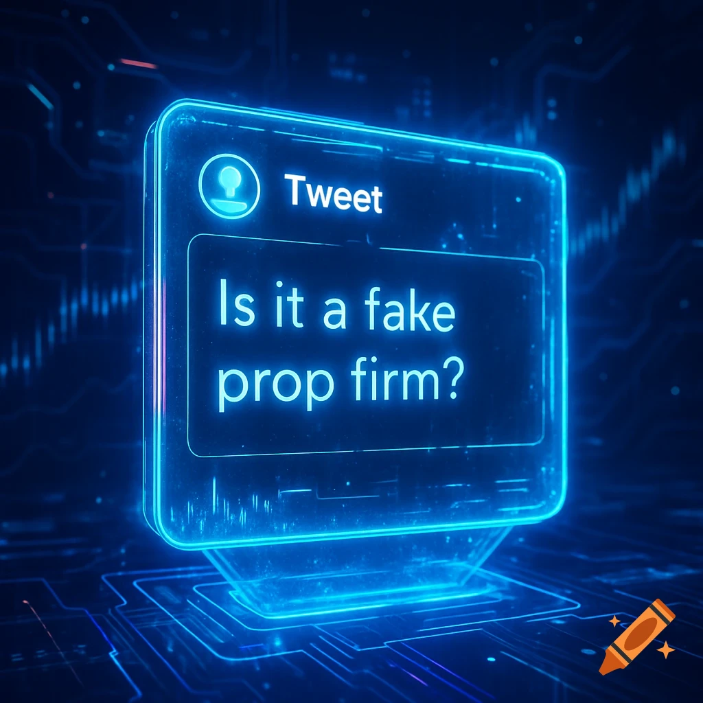 Glowing blue holographic tweet post on a dark digital circuit board background, asking 'Is it a fake prop firm?'