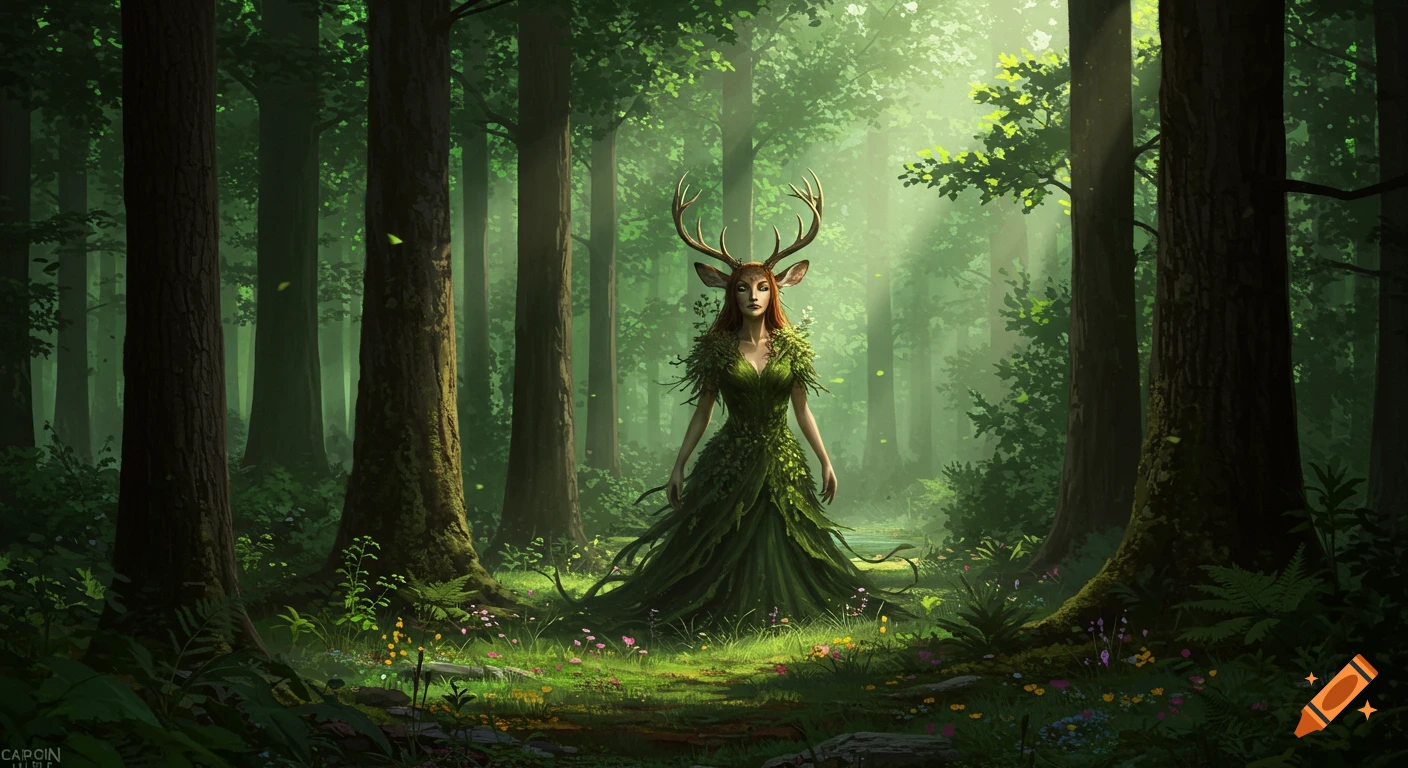 A fantasy digital painting of a deer woman with antlers and a leaf dress standing in a sunlit, green forest.