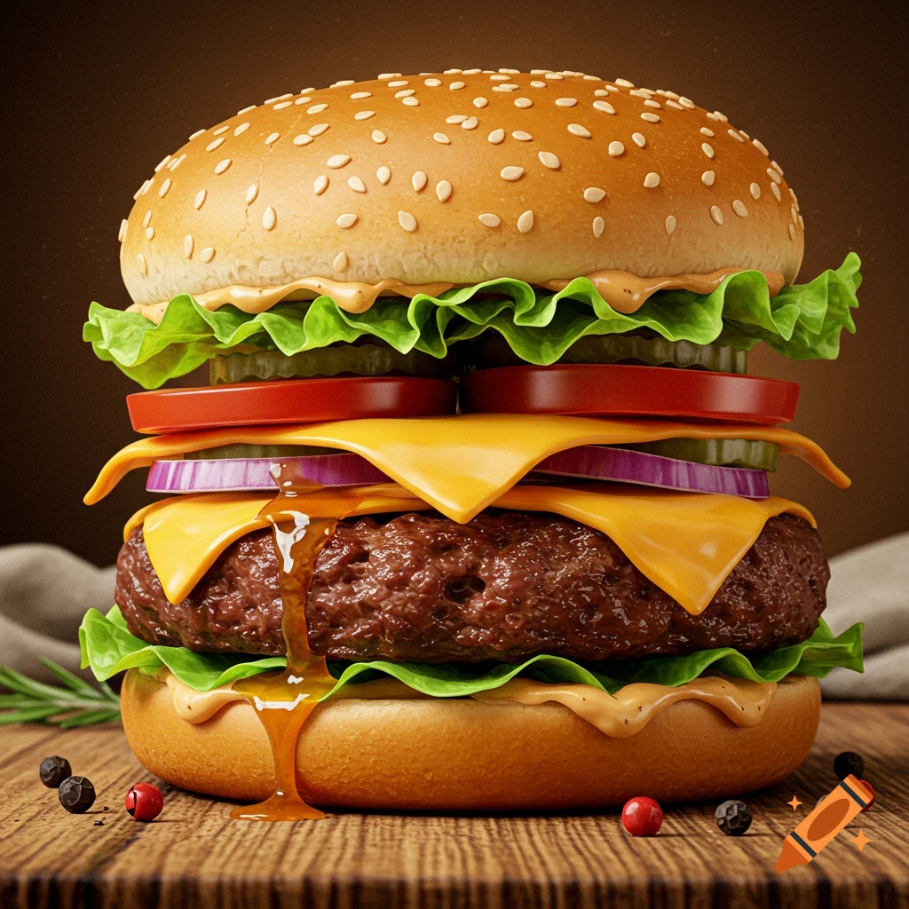 A close-up, photorealistic image of a tall hamburger with a sesame bun, lettuce, pickles, tomatoes, red onion, cheese, and a juicy patty with sauce dripping.