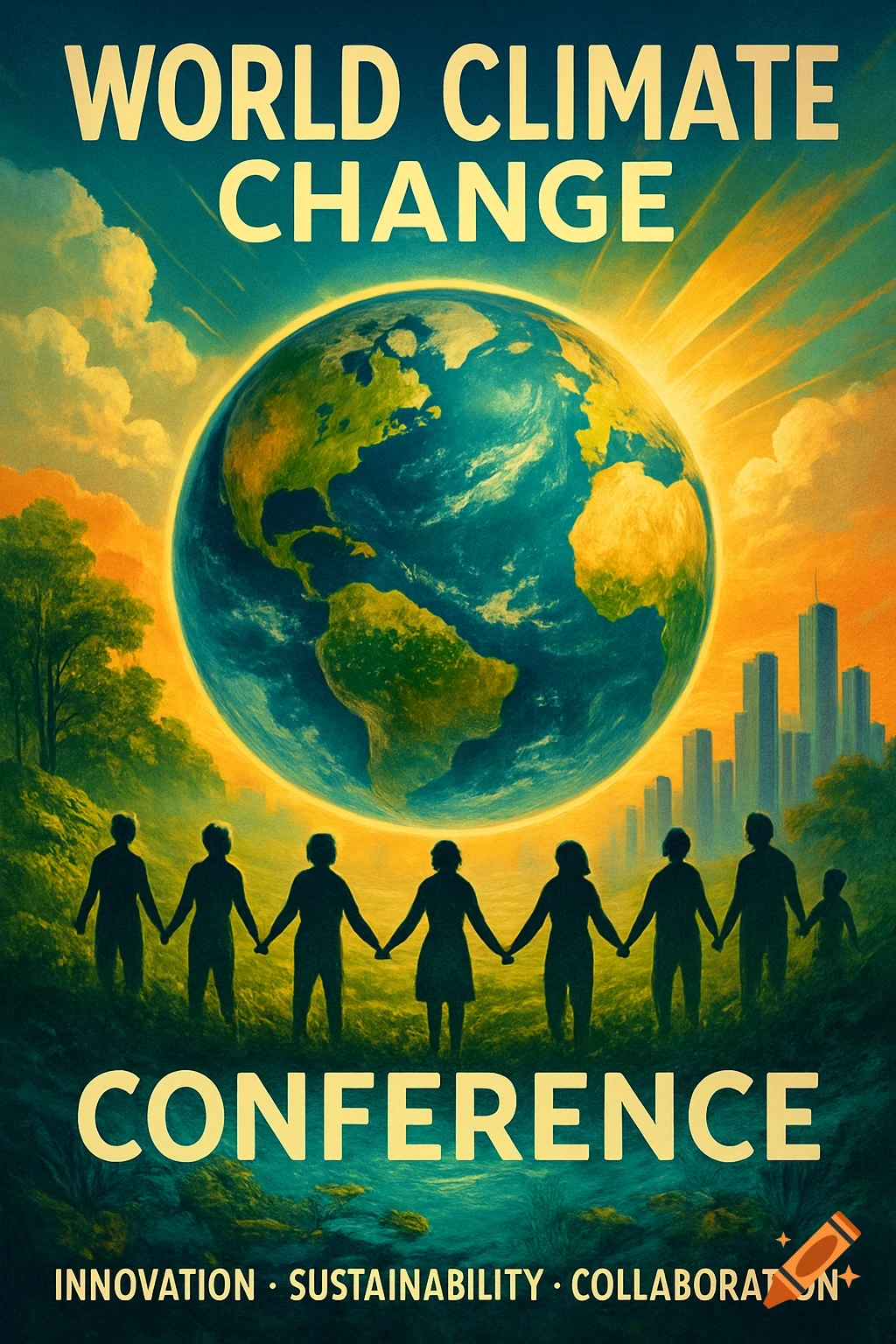 A poster for a World Climate Change Conference showing Earth above people holding hands, a forest, and a city skyline at sunset.