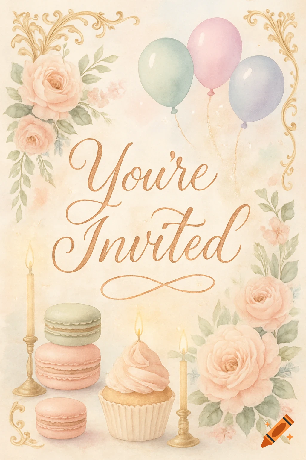 Watercolor birthday invitation with "You're Invited" text, balloons, pink roses, macarons, and a cupcake with a candle.