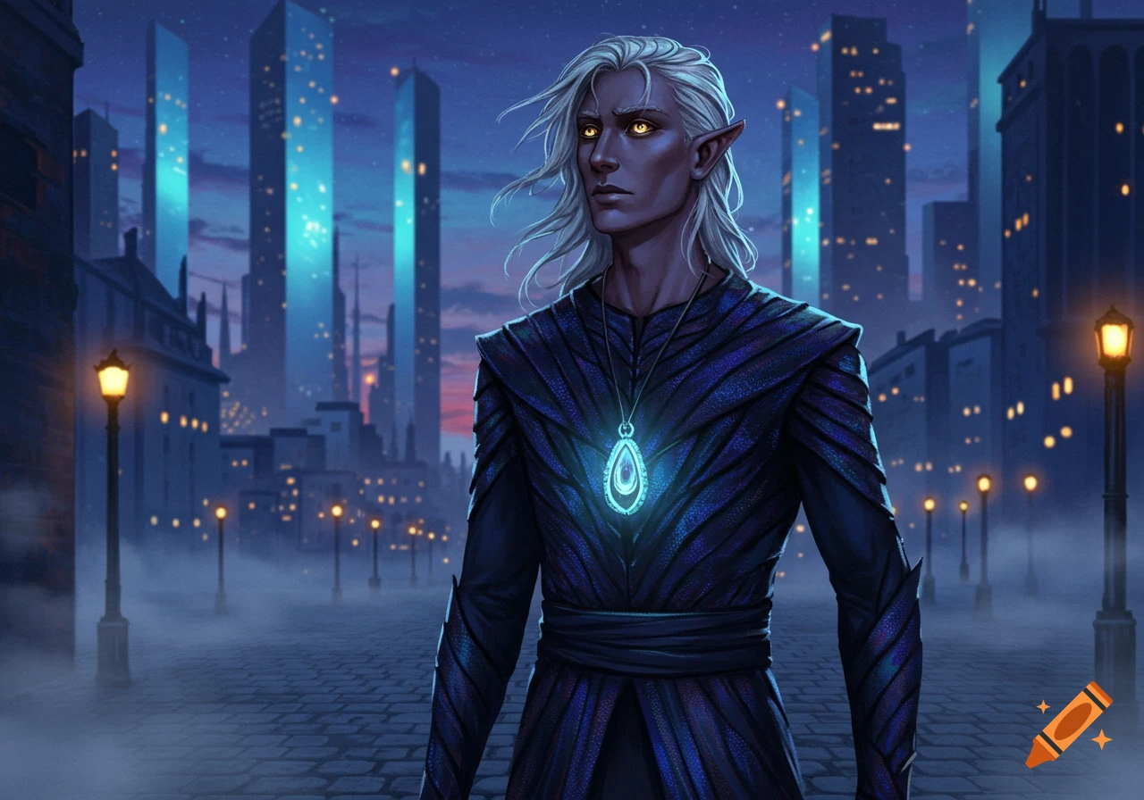 Dark-skinned elf with white hair, glowing yellow eyes, and a glowing blue pendant in a misty futuristic city at dusk.