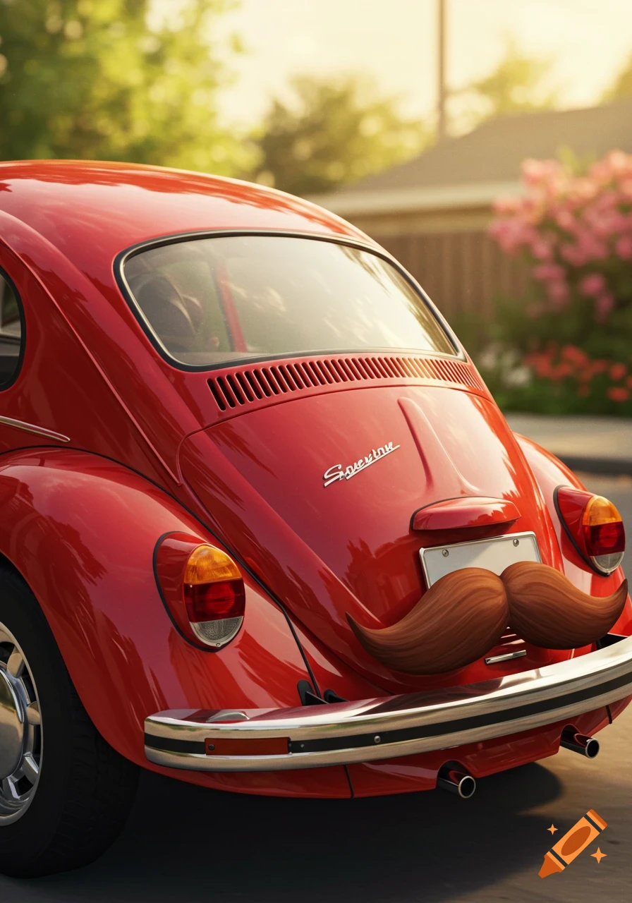 Rear view of a red classic Volkswagen Beetle with a large brown mustache attached to its bumper, parked outside.