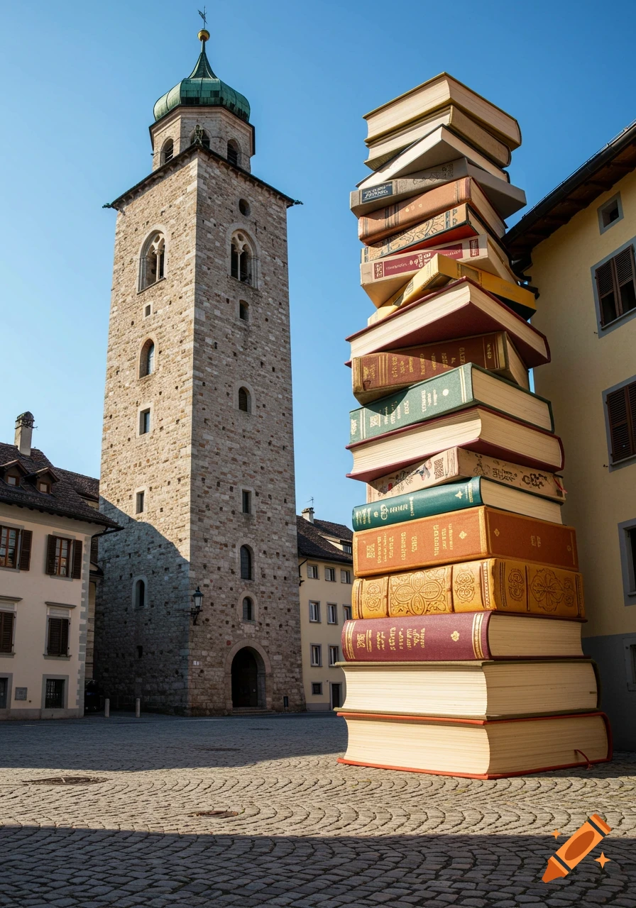 A tall stone tower stands next to an equally tall stack of colorful old books in a cobblestone square under a clear blue sky.