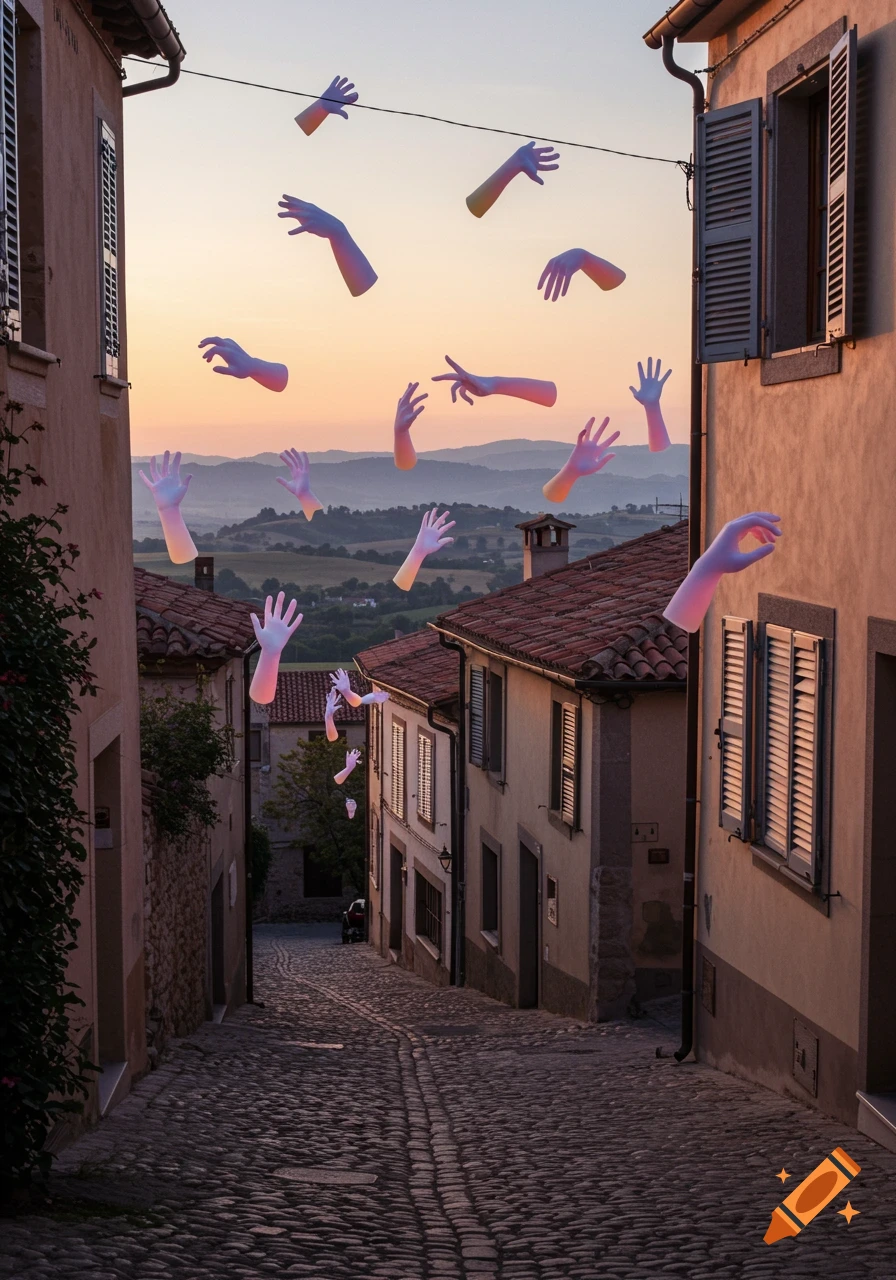 Surreal image of colorful, translucent floating hands over a cobblestone street in an old European village at sunset.
