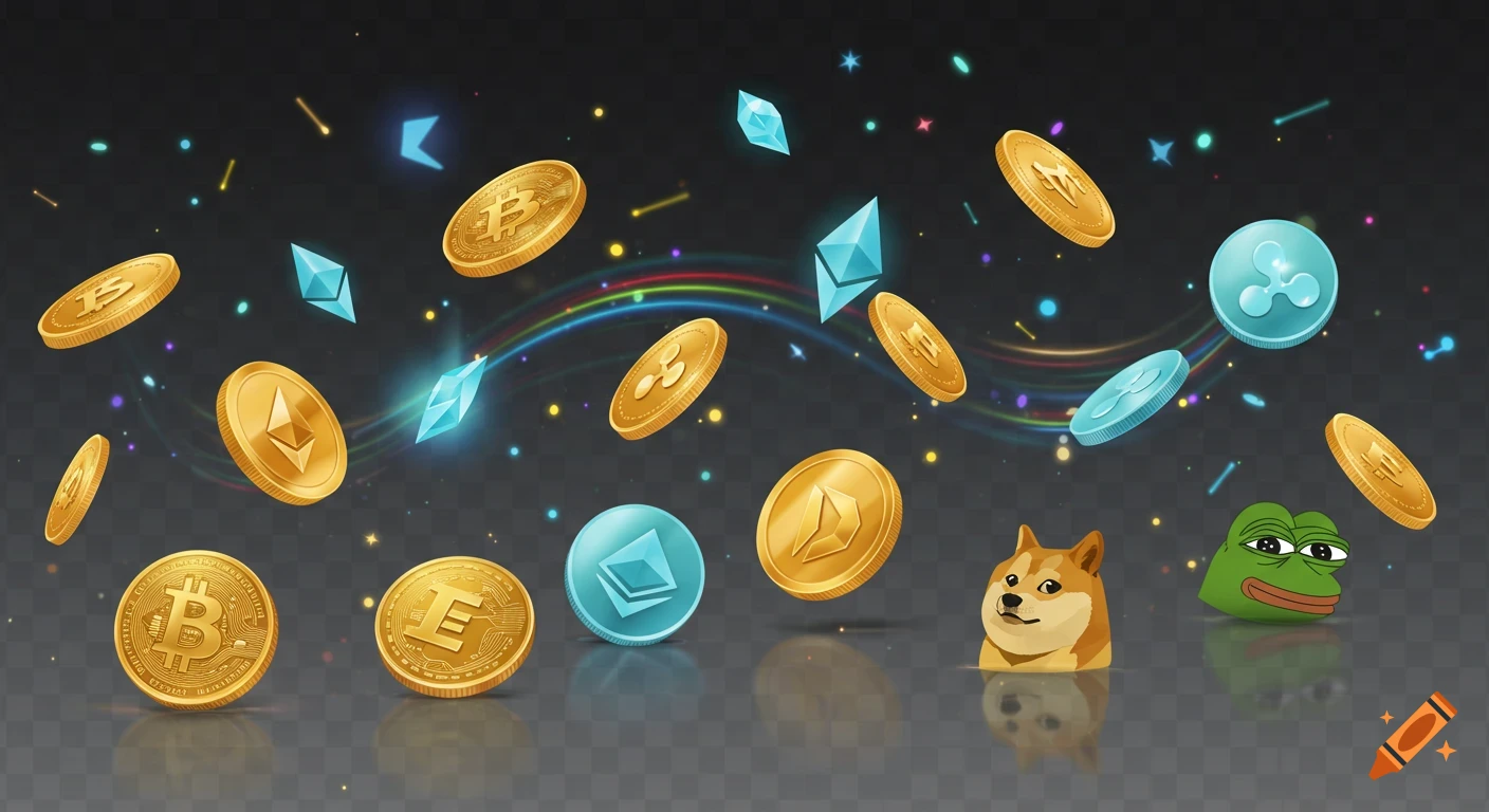 Floating gold and blue cryptocurrency coins (Bitcoin, Ethereum, XRP, Dogecoin) and Pepe the Frog against a dark, transparent background with colorful light trails.