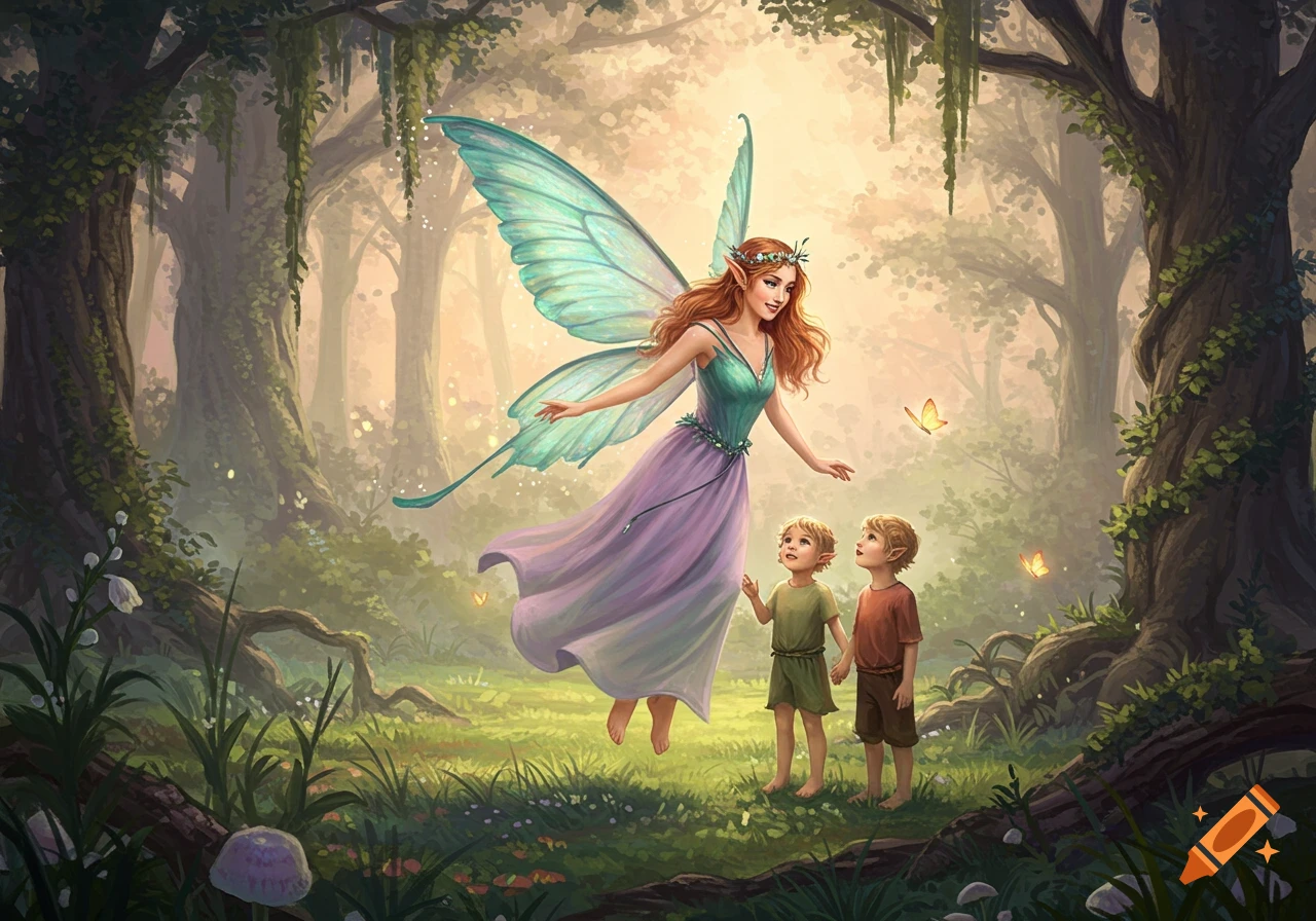A red-haired fairy with teal wings floats above two children with pointed ears in an enchanted forest.