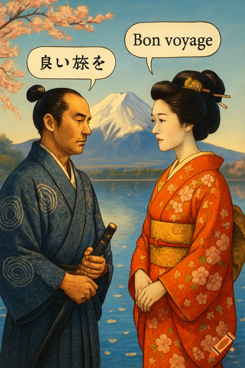 Painting of a man in samurai attire and a woman in a kimono exchanging '良い旅を' and 'Bon voyage' against Mount Fuji and cherry blossoms.