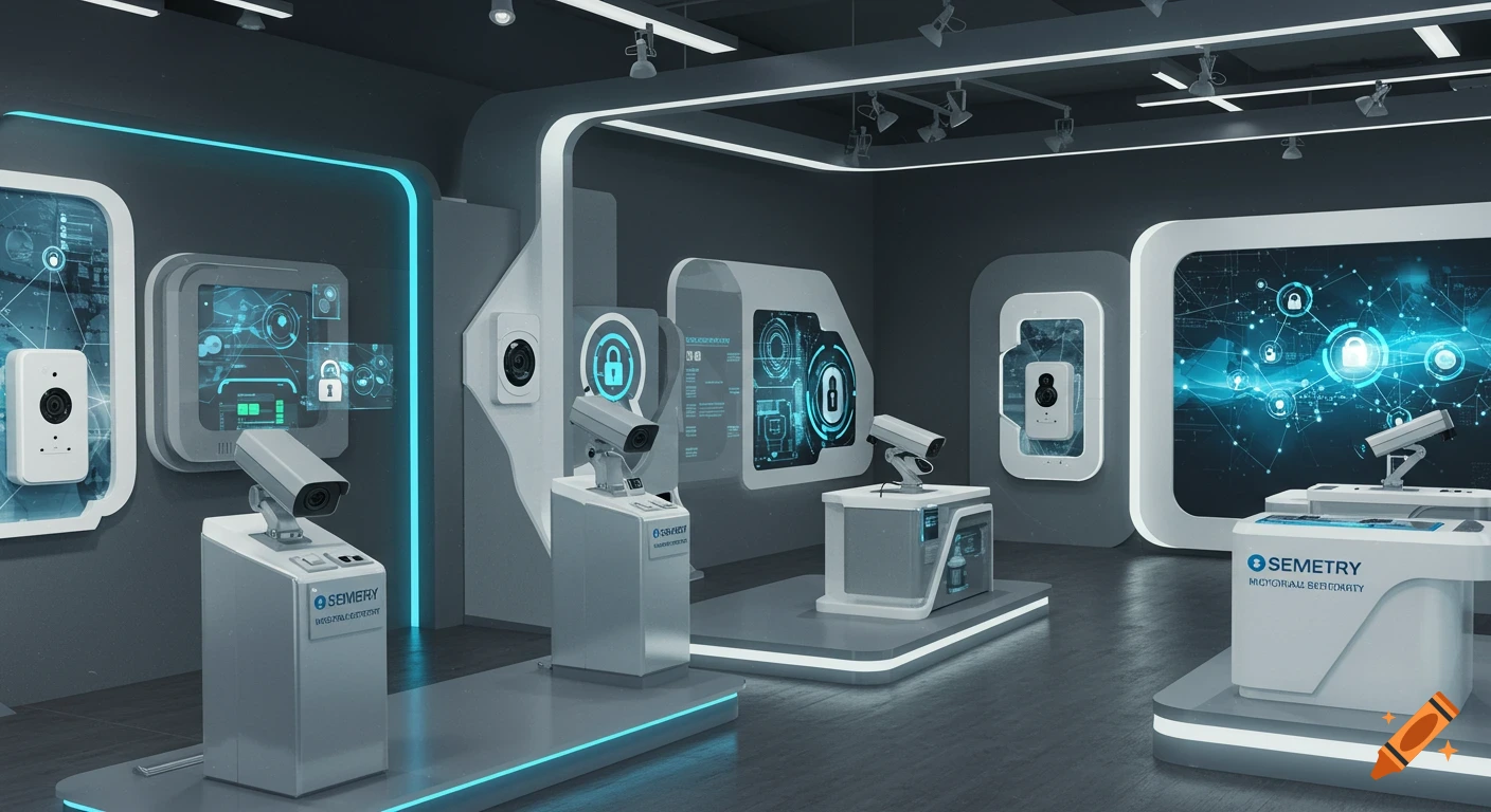 Modern, sleek showroom displaying advanced security cameras and digital interfaces with glowing blue accents, creating a professional and trustworthy vibe.