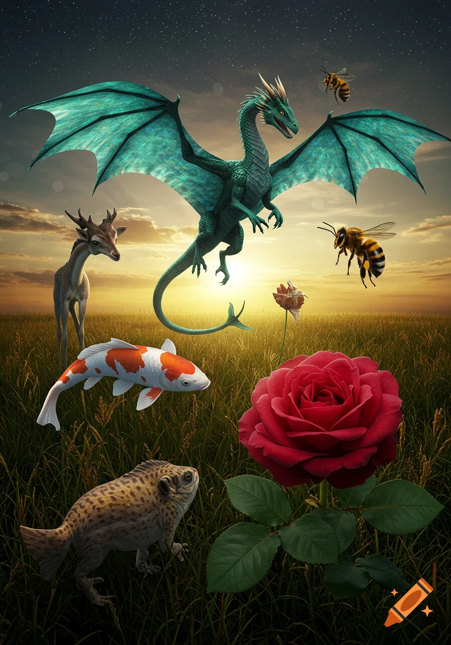 A green dragon flies over a grassy field at sunset, alongside a deer, floating koi fish, bees, a frog, and a red rose.