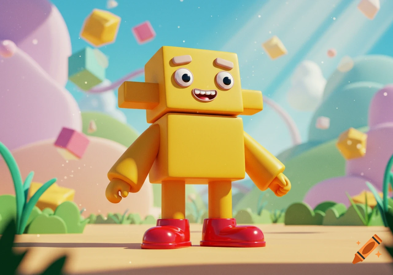 A cheerful, yellow block character with red boots stands in a whimsical 3D cartoon landscape with floating cubes and pastel hills.