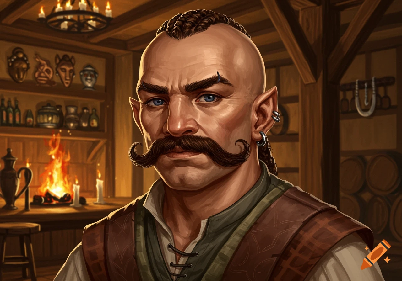 A serious fantasy character with a bald head, braided side hair, and a large handlebar mustache, in a rustic tavern.