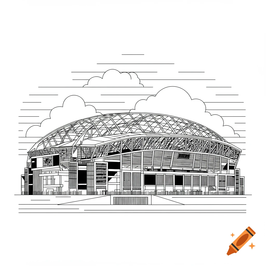 Black and white line art icon of an American football stadium with a domed roof, with clouds in the sky.