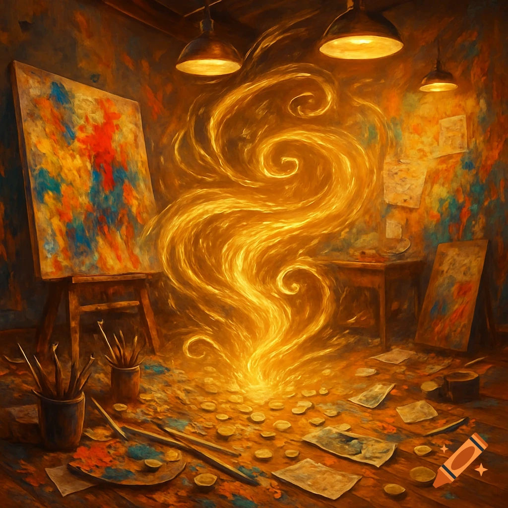 Painter's studio with an easel, paints, brushes, and a glowing golden energy swirling upwards from the floor in a painterly style.