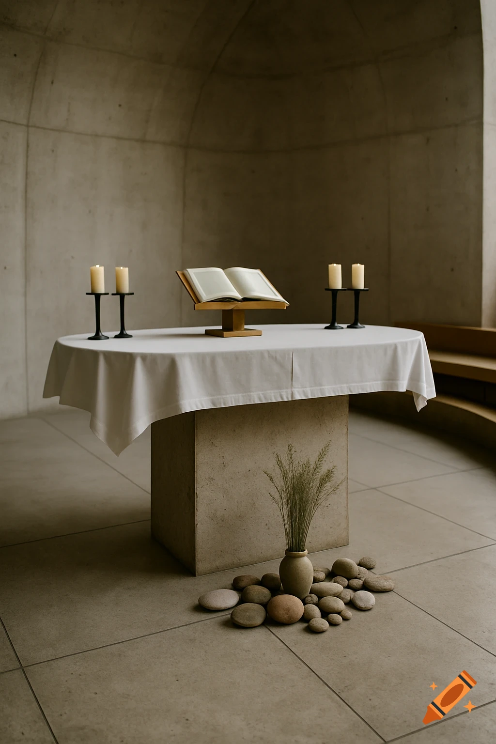 A contemporary chapel altar with a white tablecloth, an open bible, candles, and decorative rocks with dried grass.